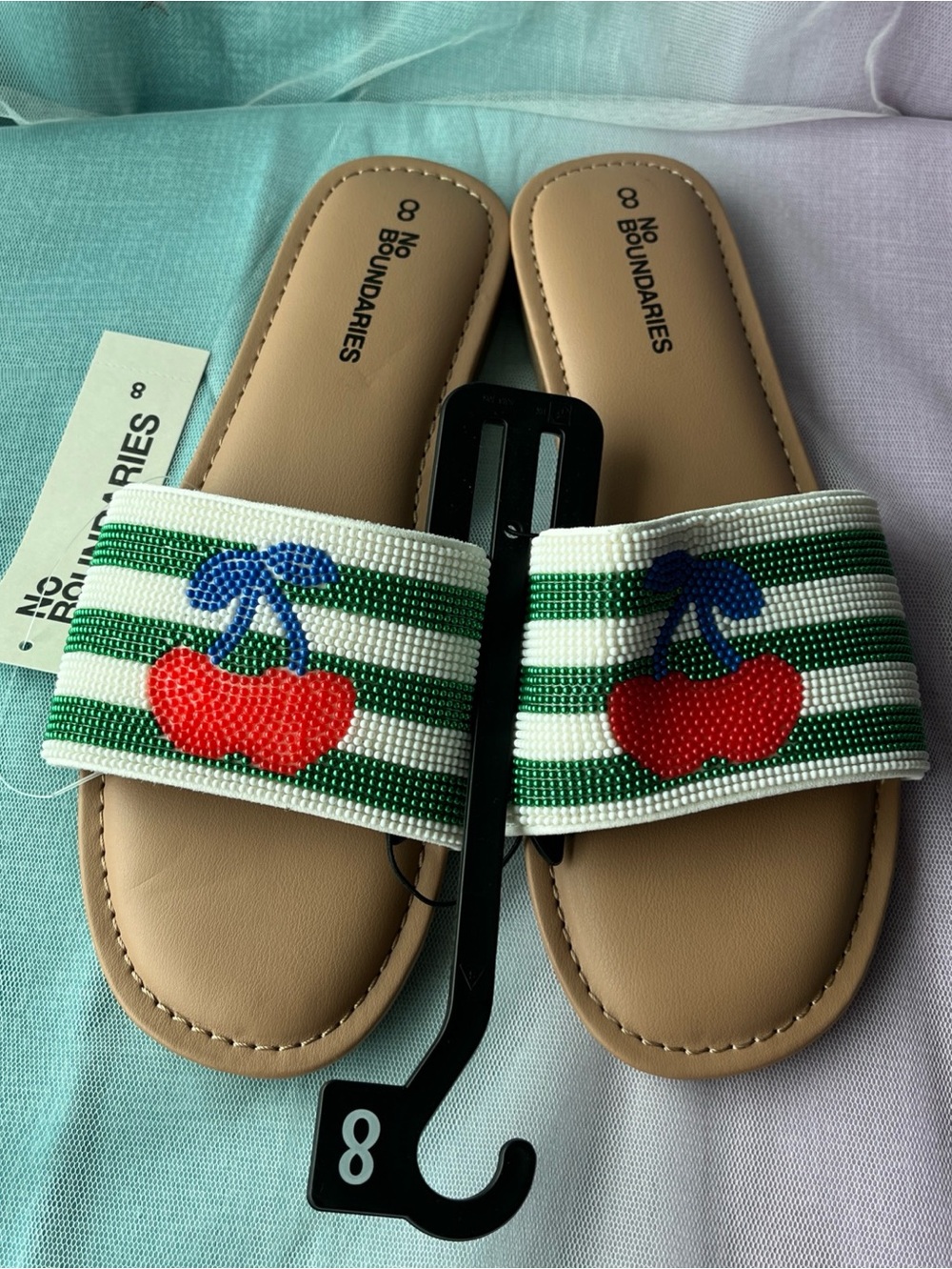 No Boundaries Women’s Slide Sandals Striped Beaded Floral Green/White 8